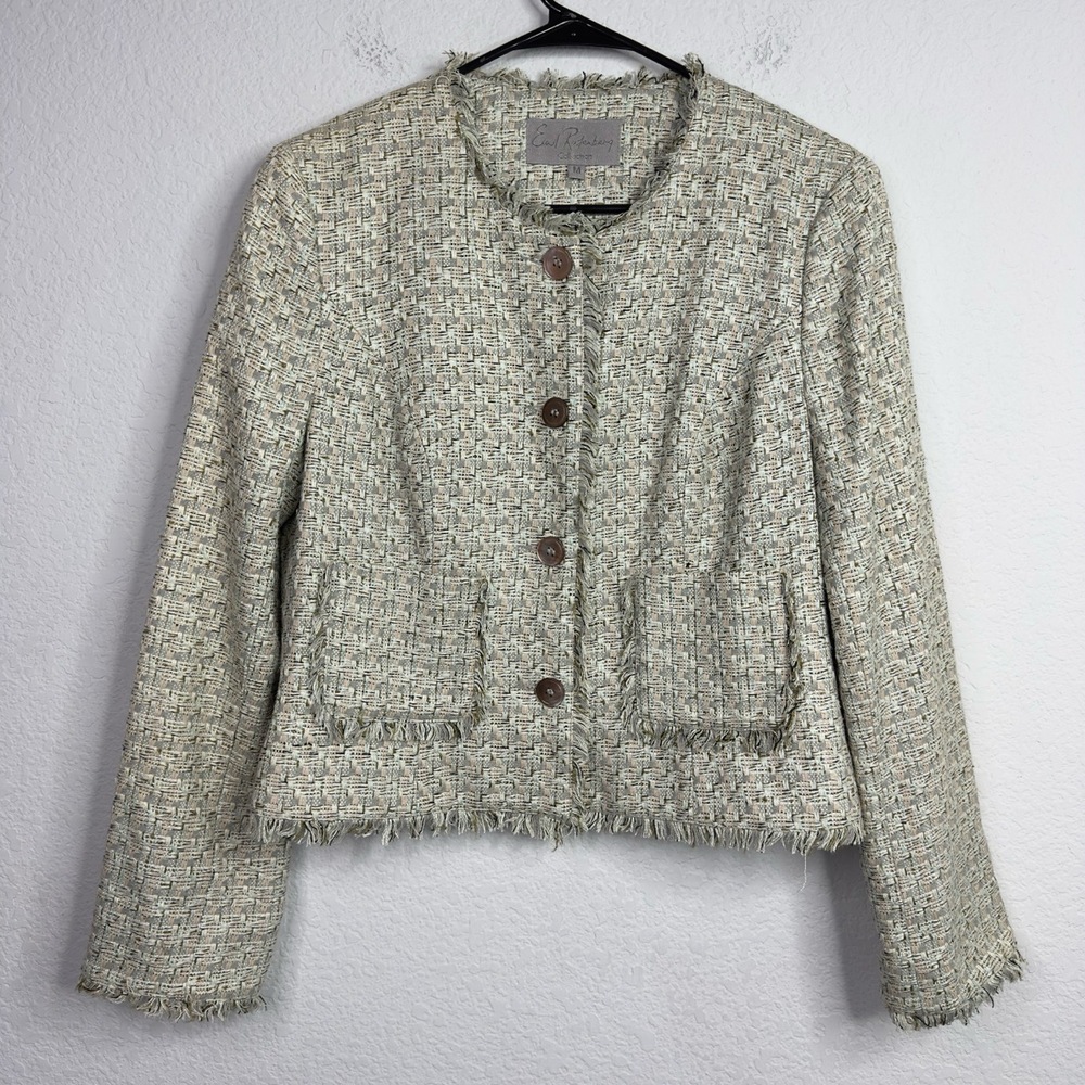 Earl Rutenberg Blazer Womens M Silk‎ Tweed Fringe Preppy Classic Timeless Career